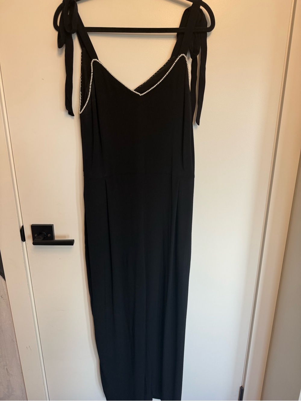 Sandro Black Tie-Shoulder Slip Jumpsuit with Pearl Trim